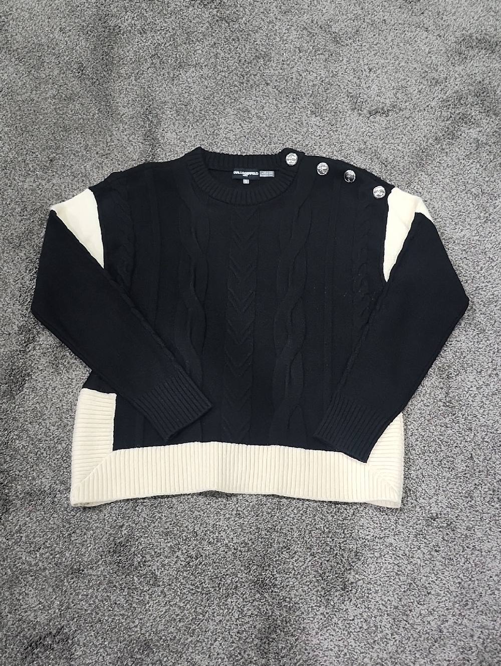 Karl Lagerfeld Black & Cream Cable Knit Crewneck Sweater with Shoulder Buttons